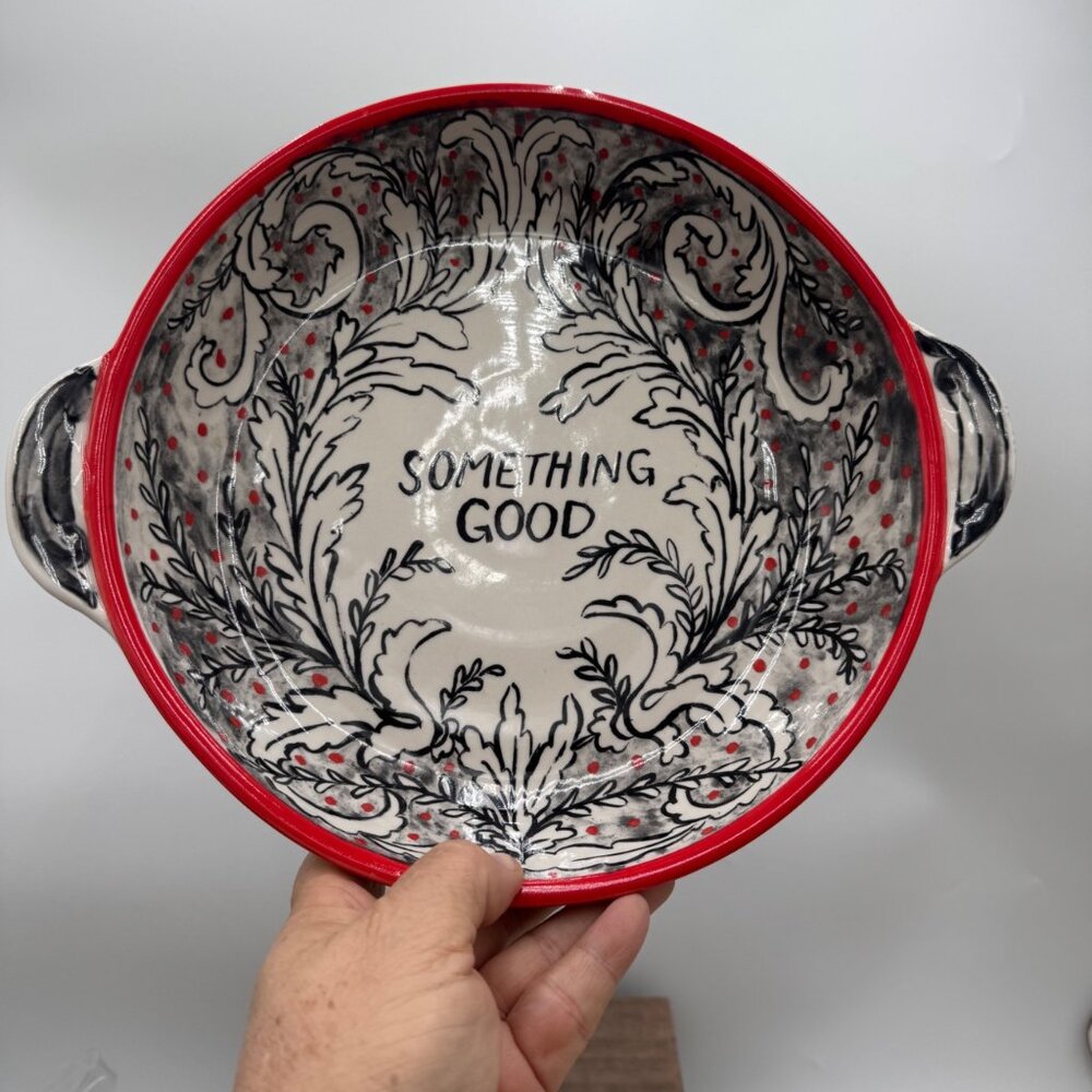 Molly Hatch Anthropologie Red Black Swirl White Serving Dish Bowl Something Good